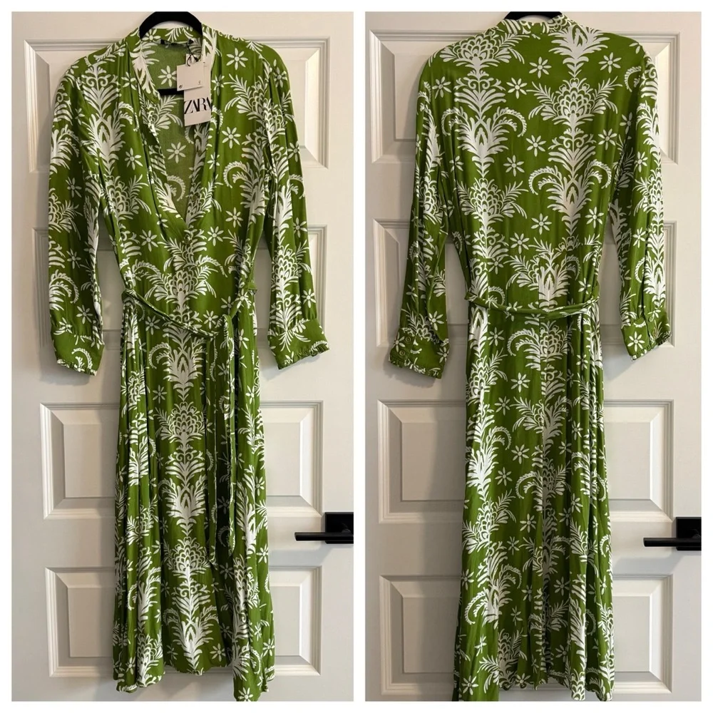 🚫SOLD🚫ZARA WOMAN MIDI BELTED PRINTED DRESS FLOWY GREEN | 5216/046 | SIZE: MED - Picture 6 of 7